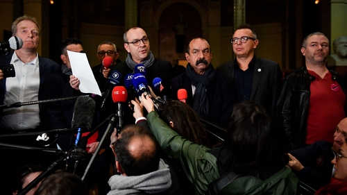 Labour union chiefs speak to the media following the presentation of the French government's plan for pension reform