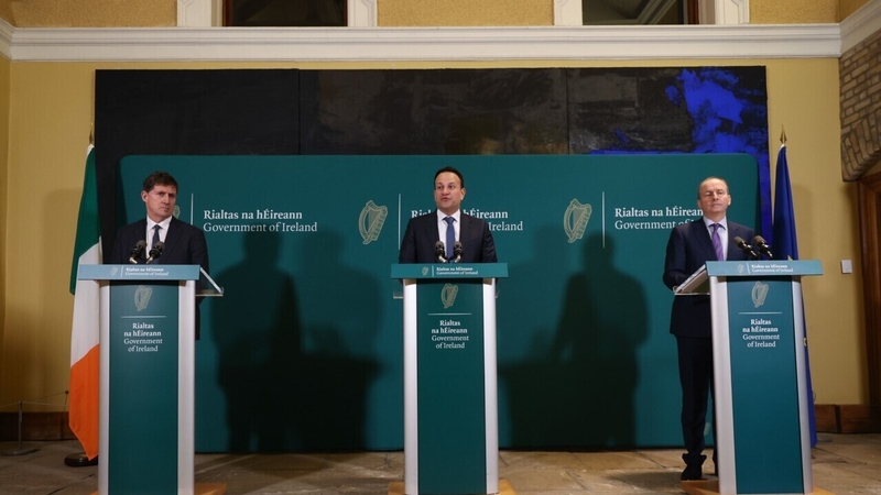 Eamon Ryan, Leo Varadkar and Micheál Martin at the post-Cabinet briefing at Farmleigh