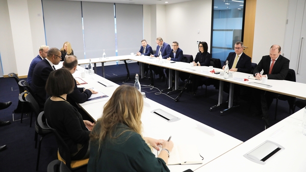 James Cleverly (2nd left) with Chris Heaton-Harris (centre left) meeting with political members of the DUP, Ulster Unionist Party and Alliance in Belfast