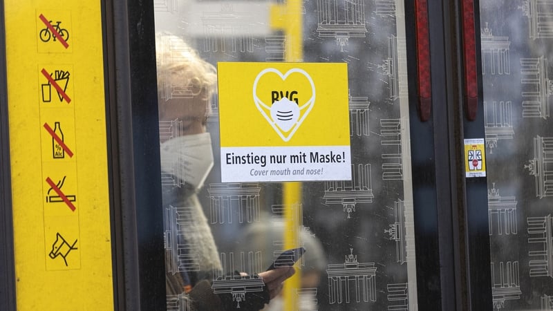 A sign informing passengers to wear a face mask on a u-bahn train in Berlin