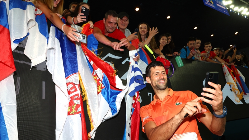Djokovic poses for a selfie with fans after the Arena Showdown charity match against Nick Kyrgios