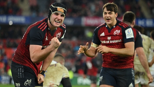 Alex Kendellen, left, and Antoine Frisch celebrate victory at the full-time whistle