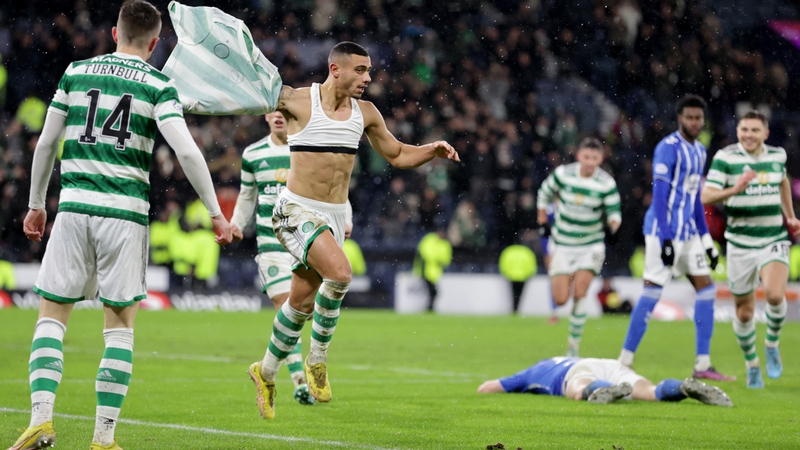 A shirtless Giorgos Giakoumakis celebrates his goal against Kilmarnock