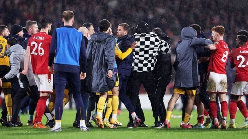 Wolves and Nottingham Forest players clashed after the penalty shootout at the City Ground