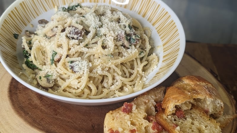 Paul Flynn's chestnut mushroom carbonara with chorizo, garlic and Parmesan bread