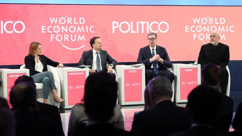 European Parliament President Roberta Metsola, Serbian President Aleksander Vucic, Taoiseach Leo Varadkar and Albanian Prime Minister Edi Rama in Davos