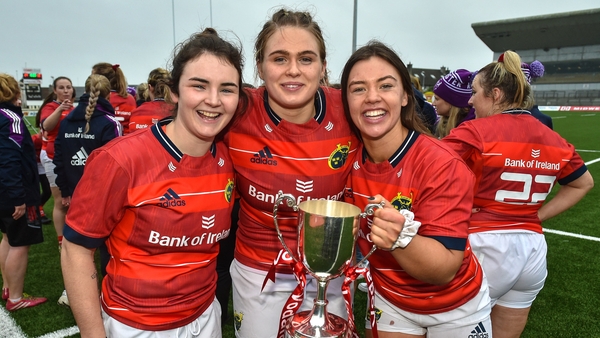 Deirbhile Nic a Bháird, Dorothy Wall and Maeve Óg O'Leary of Munster celebrate after the match