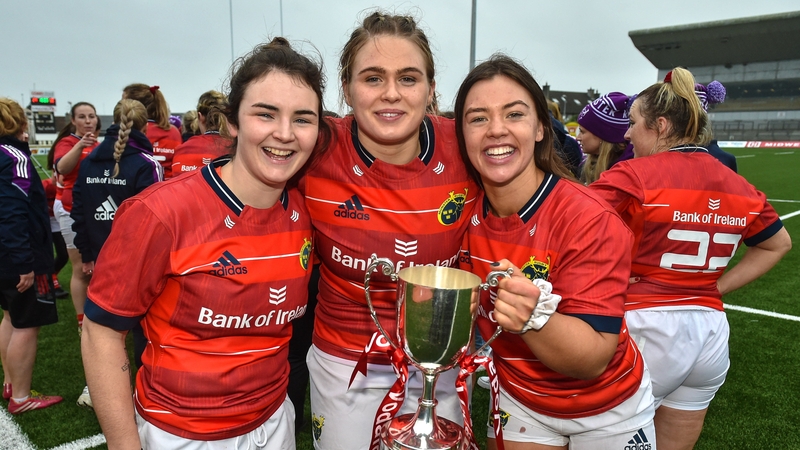 Deirbhile Nic a Bháird, Dorothy Wall and Maeve Óg O'Leary of Munster celebrate after the match