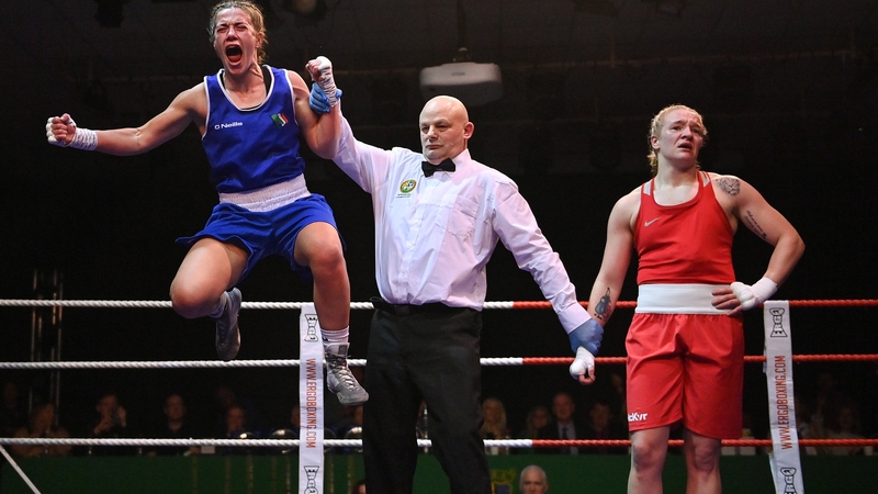 Grainne Walsh of Spartacus Boxing Club, Offaly, left, celebrates