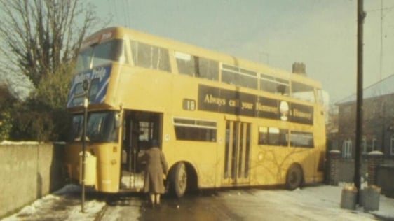 Double decker bus blocks road, Sandymount (1978)