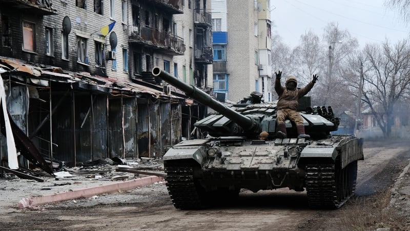A Ukrainian tank drives down a street this week in the heavily damaged town of Siversk situated near the frontline in the war with Russia