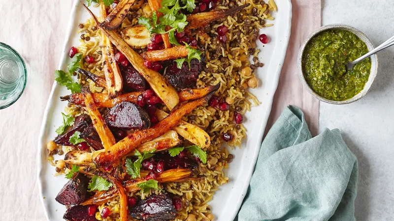 With parsnips, carrots and beetroot, this Middle Eastern-inspired vegan dish is a brilliant winter warmer.
