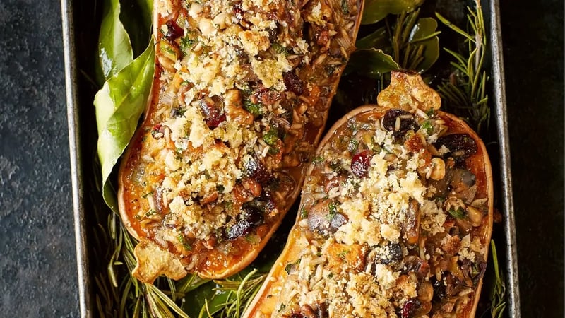 This vegan savoury showstopper is baked with rice, nuts and dried fruit.