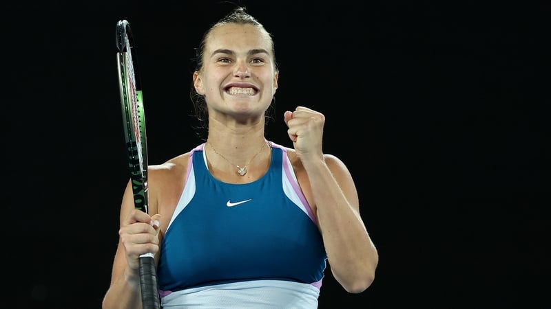 Aryna Sabalenka celebrates winning match point against Magda Linette