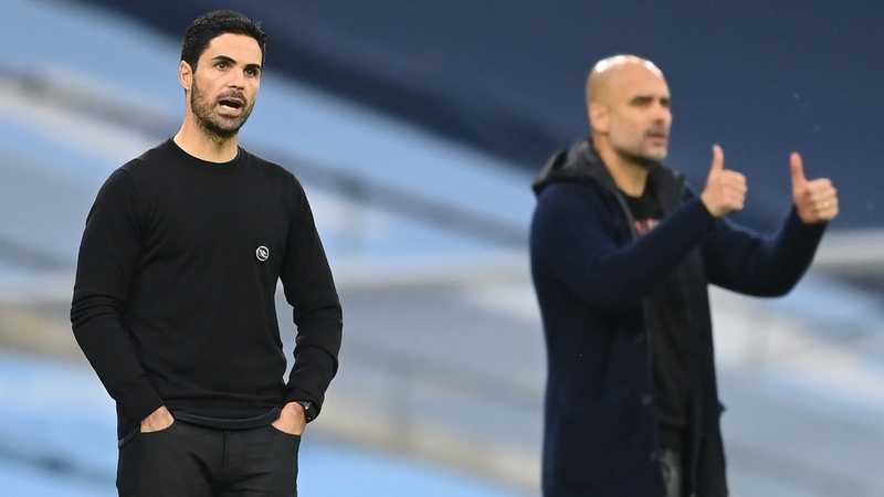 Mikel Arteta (L) goes up against his former mentor Pep Guardiola again tomorrow