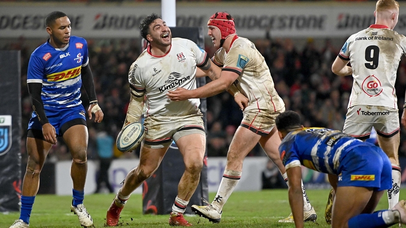 Jeffrey Toomaga-Allen celebrates after scoring the bonus-point try for Ulster