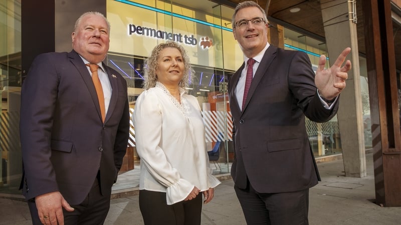 Permanent TSB's Head of Retail Distribution Eddie Kearney, Territory Sales Manager Chris Costello and Retail Banking Director Patrick Farrell pictured outside the new Permanent TSB Swords branch