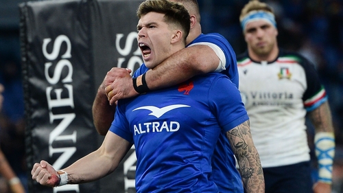 Matthieu Jalibert celebrates after scoring the match-winning try