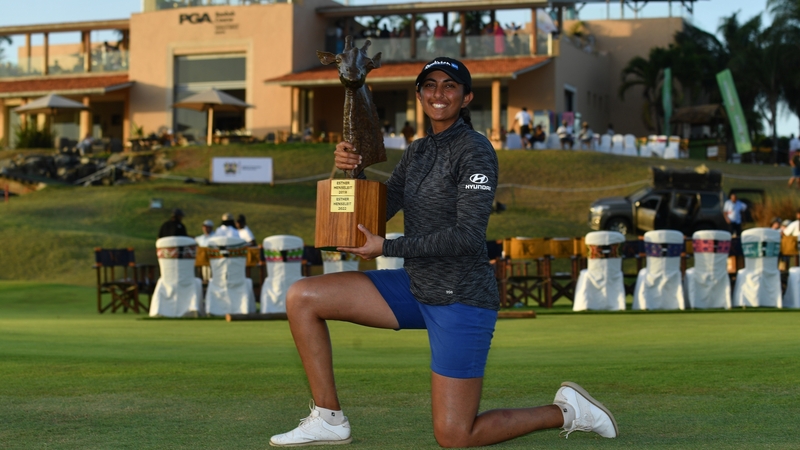 Aditi Ashok celebrates at Vipingo Ridge