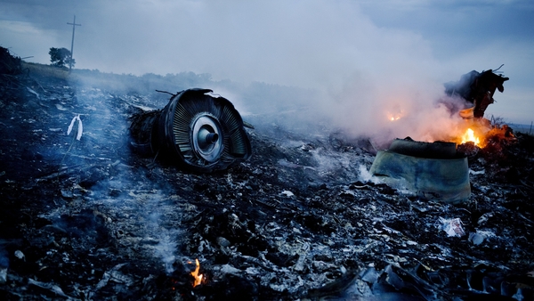 Debris from Malaysia Airlines Flight 17 is shown smouldering in a field on 17 July 2014 in Grabovo, Ukraine