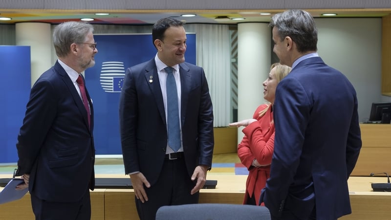 Taoiseach Leo Varadkar speaking with Czech Prime Minister Petr Fiala, Italian Prime Minister Giorgia Meloni and Greece Prime Minister Kyriakos Mitsotakis before the summit
