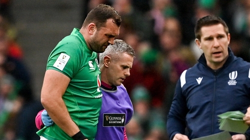 Tadhg Beirne suffered a leg injury against France