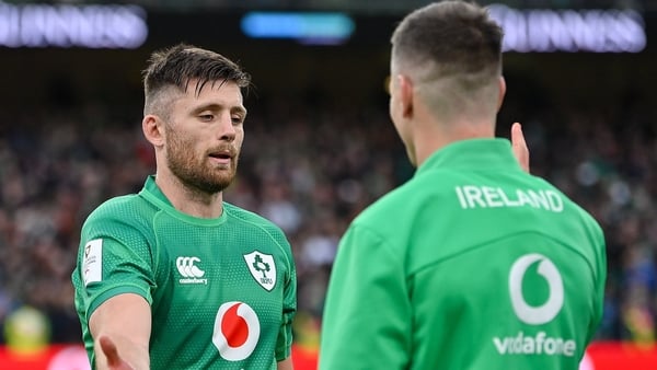 Ross Byrne and Johnny Sexton celebrate following Saturday's win over France