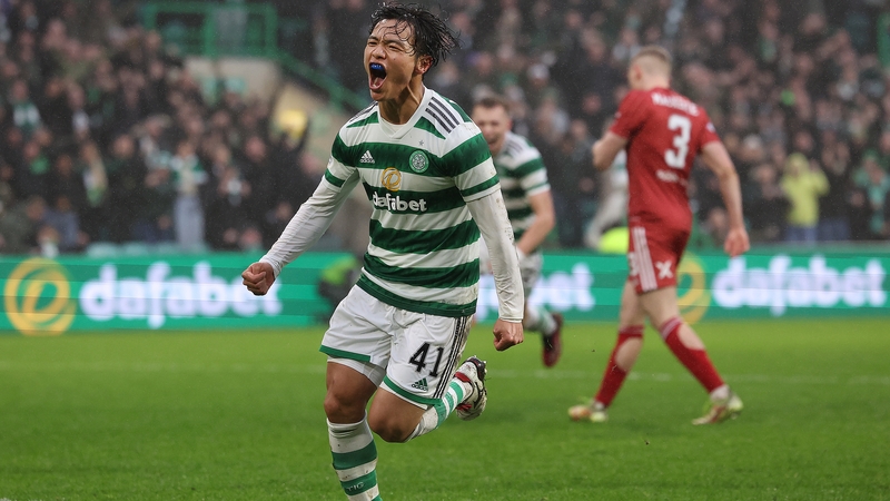 Reo Hatate celebrates scoring Celtic's third goal of the afternoon against Aberdeen
