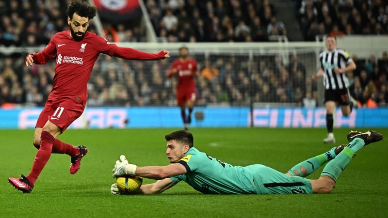 Nick Pope (R) was sent off for denying Mo Salah a goalscoring opportunity