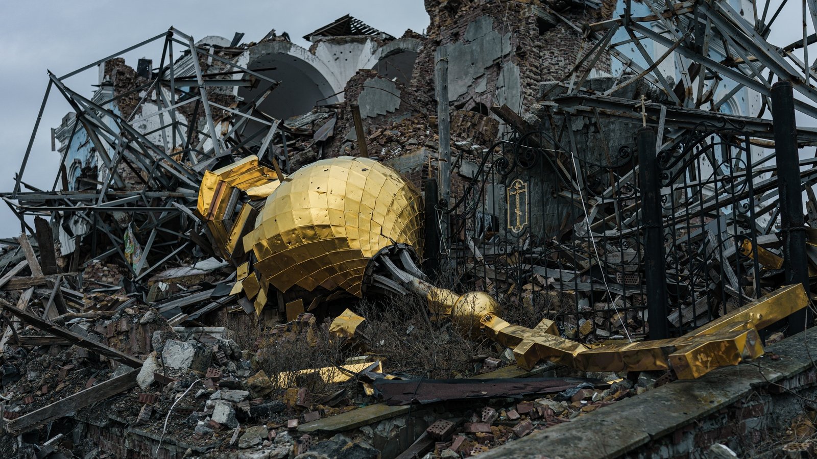 The heavily damaged monastery buildings in the village of Bohorodychne, Donetsk region, which was retaken by Ukrainian forces.