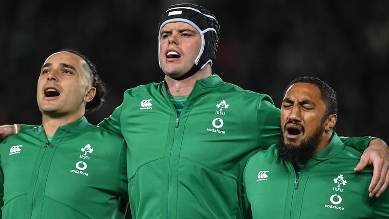 James Lowe, James Ryan (c) and Bundee Aki sing Ireland's Call