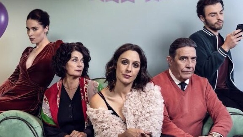 Roisin Gallagher (centre) leads the cast of The Dry