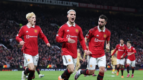 Antony celebrates scoring the winning goal at Old Trafford