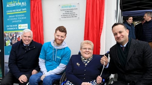 Taoiseach Leo Varadkar, centre Director Dorothy Coyle, centre employee Mark McClean and Chief Executive of DPD Ireland Des Travers at the opening of the Lough Ree Access for All accessibility centre