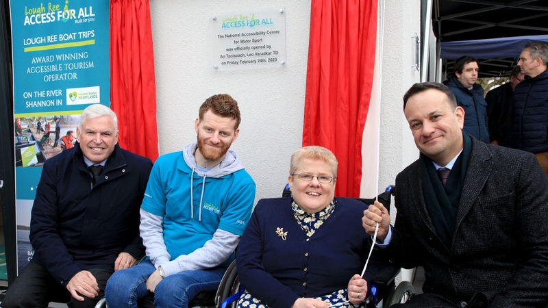 Taoiseach Leo Varadkar, centre Director Dorothy Coyle, centre employee Mark McClean and Chief Executive of DPD Ireland Des Travers at the opening of the Lough Ree Access for All accessibility centre