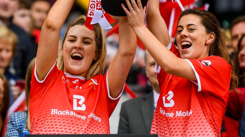 Aoife Halligan, left, and Gráinne Murray of Louth celebrate All-Ireland junior championship success in 2019