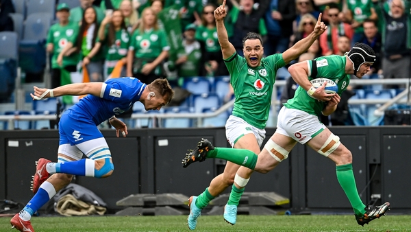 James Ryan on his way to scoring his side's first try while teammate James Lowe celebrates