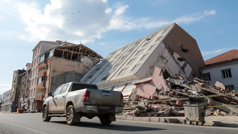 A building leans on other buildings after the earthquakes in Golbasi district of quake-hit Adiyaman