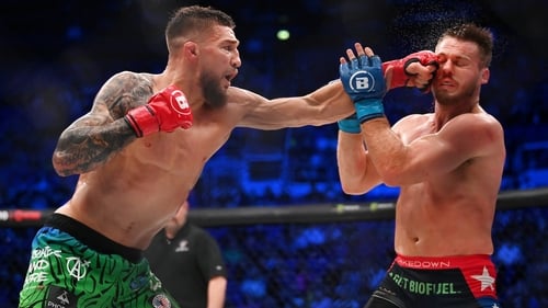 Yaroslav Amosov (L) connects with Logan Storley