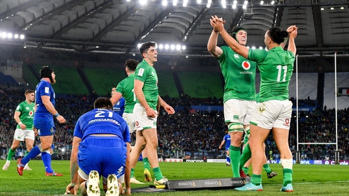 Ryan Baird and James Lowe celebrate after the full-time whistle in Rome