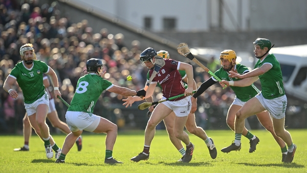 Kevin Cooney of Galway feels the pressure of the Limerick press