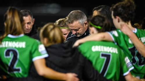 Peamount United manager James O'Callaghan with his players during the latter end of the enthralling 2022 season