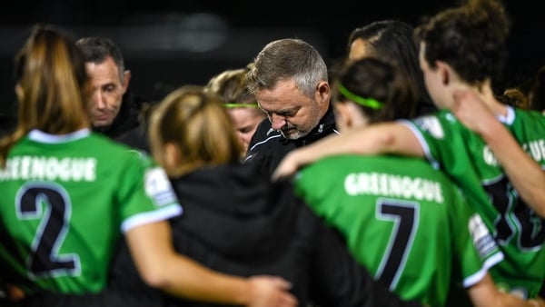 Peamount United manager James O'Callaghan with his players during the latter end of the enthralling 2022 season