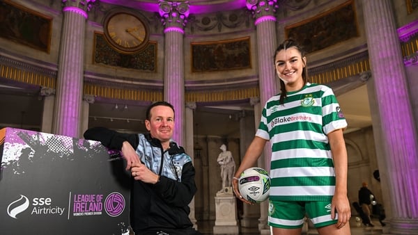 Shamrock Rovers women's head coach Collie O'Neill and Maria Reynolds at the launch of the League of Ireland 2023 season held at City Hall in Dublin