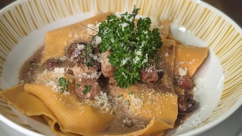 Open Tomato Ravioli with a Chicken Marsala Sauce.