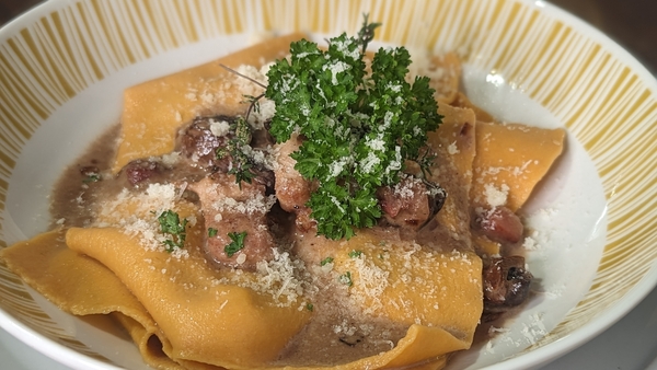 Open Tomato Ravioli with a Chicken Marsala Sauce.
