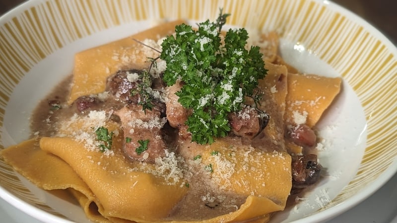 Open Tomato Ravioli with a Chicken Marsala Sauce.