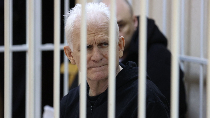 Nobel Prize winner Ales Bialiatski is seen in the courtroom at the start of the hearing in Minsk in January
