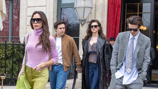 Victoria Beckham, Brooklyn Beckham, Nicola Peltz and Cruz Beckham are seen on March 04, 2023 in Paris. Getty Images.