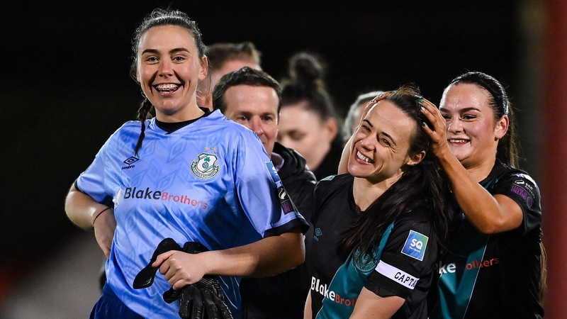 Áine O'Gorman (centre) celebrates her winner in her first competitive outing for Shamrock Rovers